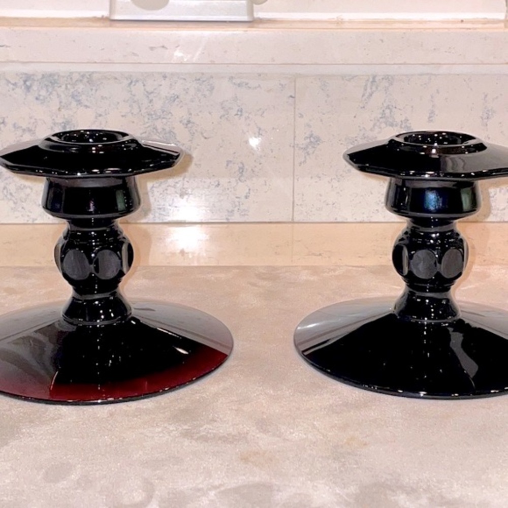 Pair of 2 Black Amethyst Candlestick Holders Decagon Pattern Excellent Condition - Picture 9 of 9
